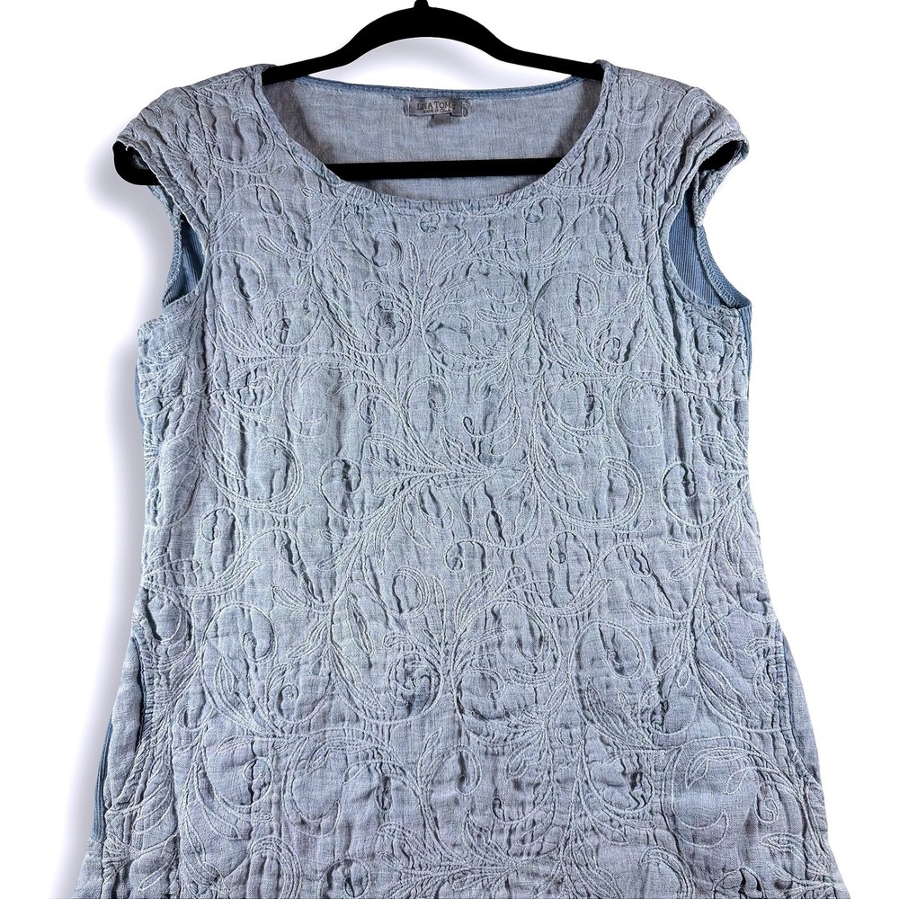 Lina Tomei Italy Blue Linen Floral Embroidered Sleeveless Shift Pocket Dress L